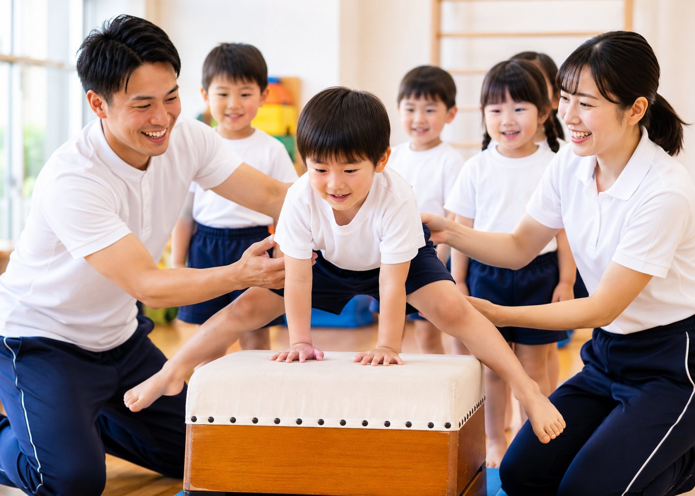 コーチに見守られながら跳び箱に挑戦する子どもたち