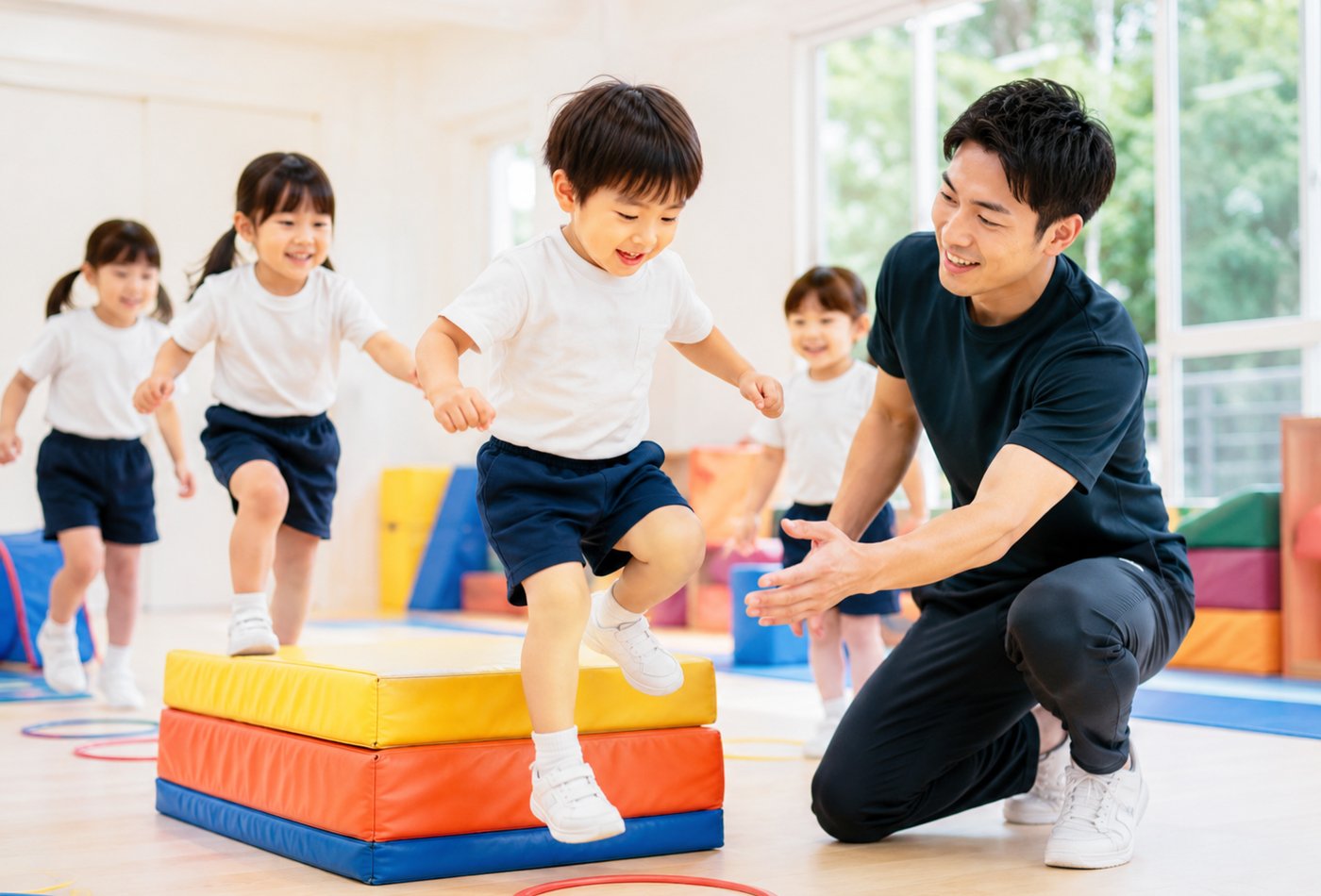 障害物遊びを楽しむ幼児体操教室の子どもたち